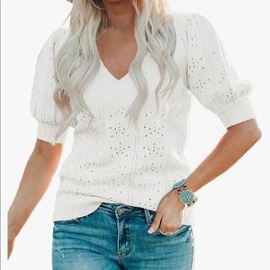 Womens White Puff V-Neck Short Sleeve Top (S)